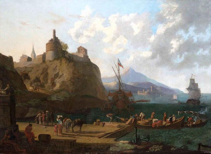 Adriaen Coorte A  mediterranean harbour scene with numerous figures on a que beneath a fort Norge oil painting art
